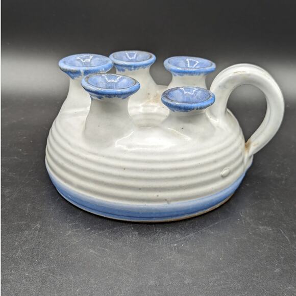 Vintage Hand Thrown Pottery Oil Lamp Signed Steve Fishley 94 White Blue 5 Necks - Picture 1 of 12